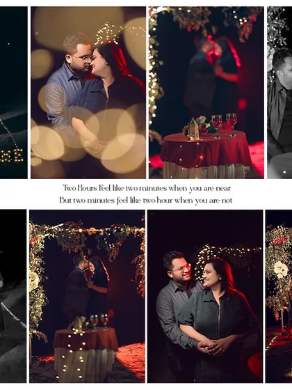 A full story of a romantic date night in one collage. It shows the laughter, the intimate glances, and the beautiful setup with fairy lights, capturing the entire mood of the evening.