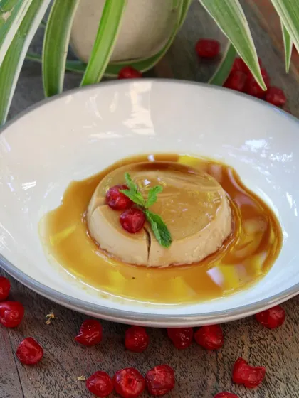 Indulge guilt-free in our weekend special Vegan Caramel Pudding. It's made with creamy almond mylk and coconut cream, and sweetened with luscious jaggery syrup.