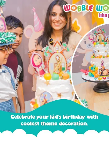 A close-up of a family admiring their child's amazing Masha and the Bear themed birthday cake.