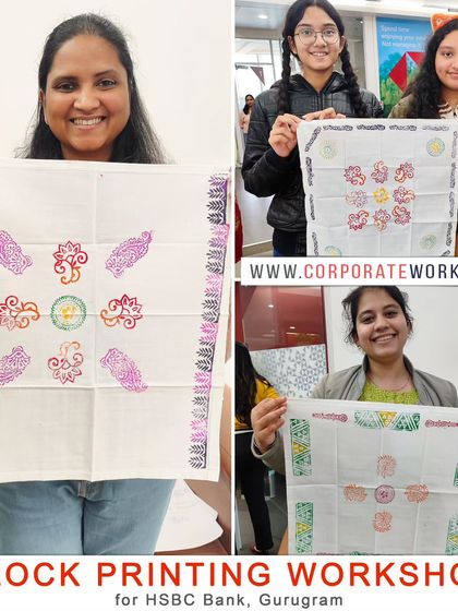 The finished hand-printed textiles from our HSBC Bank workshop. Participants learn about pattern design and printing techniques, leaving with a custom-made piece.