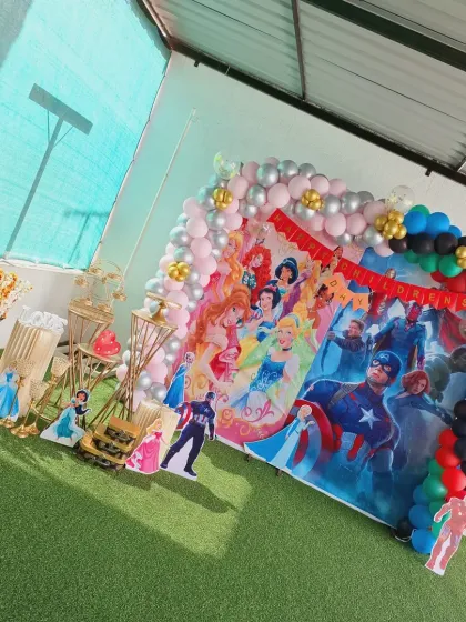 Another perspective of the full setup, showing how all the elements, from the backdrop to the character props, come together to create an immersive and fun environment.