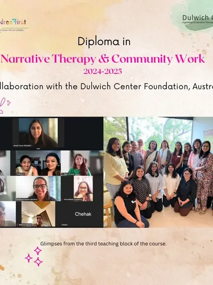 This image captures moments from the third teaching block of our 2024-2025 Narrative Therapy diploma. It shows both the in-person and online participants engaging with the facilitators.