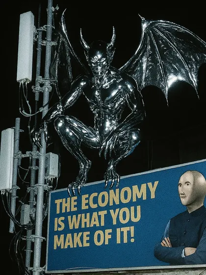 A chrome gargoyle perches on a billboard featuring the 'stonks' meme guy. This image blends gothic horror, internet culture, and corporate messaging into a single, surreal urban night scene.