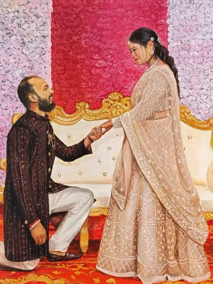 A romantic proposal scene, painted in oil on an 18x24 inch canvas. The floral backdrop and the couple's elegant outfits make this a truly special piece.