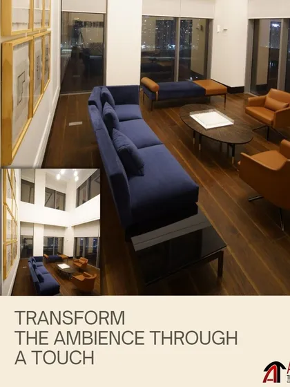 Transform the ambiance with a single touch. This collage shows an interior lounge area where our lighting control system allows for easy adjustments to create a comfortable and inviting atmosphere for guests.