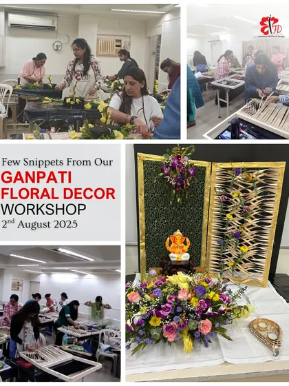 This collage captures the energy of our Ganpati Floral Decor Workshop. You can see students learning hands-on techniques like weaving and arranging, and the beautiful final result: a complete, festive floral backdrop for Lord Ganesha.