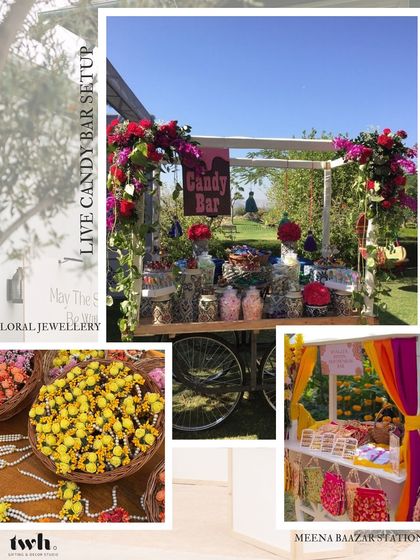 We bring the fun of a fair to your event. This collage showcases our live candy bar setup, a floral jewellery station perfect for mehendi functions, and a 'Meena Baazaar' stall for a traditional shopping experience.