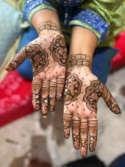 A close-up of one of the beautiful designs from the Karwachauth party.