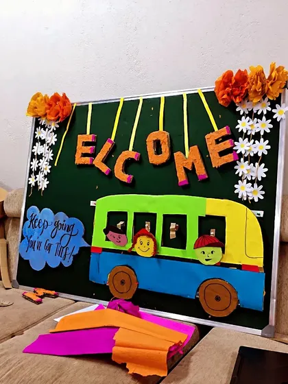 The finished product! A "Welcome" board created by our volunteers using upcycled materials. This will bring so much cheer to a classroom.