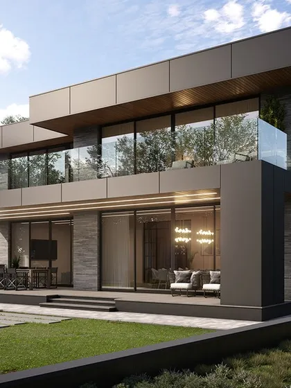 This modern house design features a strong horizontal emphasis with deep overhangs and extensive use of glass, creating a connection with the surrounding landscape. It represents our approach to designing homes that are both aesthetically impressive and deeply connected to their environment.
