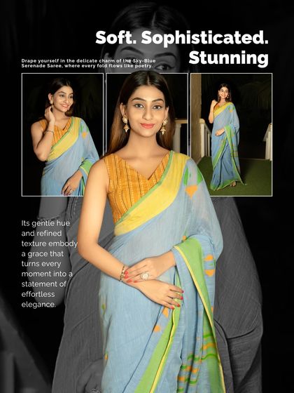 Soft, sophisticated, and stunning. This soft cotton saree with delicate prints offers all-day comfort without compromising on style, making it a wardrobe essential for office or casual wear.