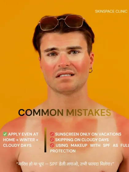 This image highlights common sunscreen mistakes, like only applying it on vacation or relying on the SPF in makeup. For real protection, you need a dedicated sunscreen applied daily.