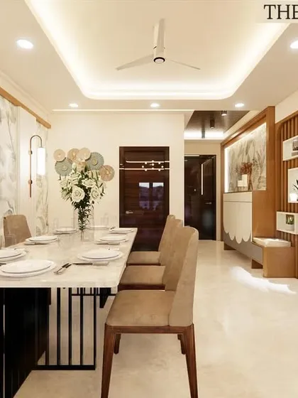 This angle shows the open-plan dining area and breakfast counter. Our team executed the installation of the marble-top dining table base, the wooden rafters, and the breakfast counter, ensuring a cohesive flow between the two spaces.