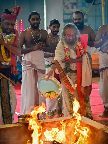 During the powerful Rishi Homa on the final day of Navratri, I make offerings to the sacred fire. This ritual is performed to honor the great sages and seek their blessings, filling the atmosphere with profound peace and spiritual energy.