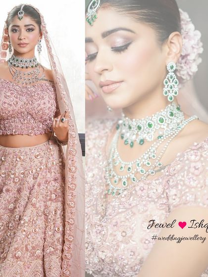 Two views of this stunning bridal look. The off-shoulder blouse is perfectly complemented by the choker and layered necklace, showcasing how I help style jewellery to the outfit's neckline.