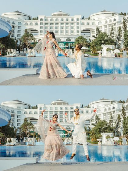 A collage showing the couple's playful energy during their Haldi celebrations in Vietnam, including a fun jump into the pool.