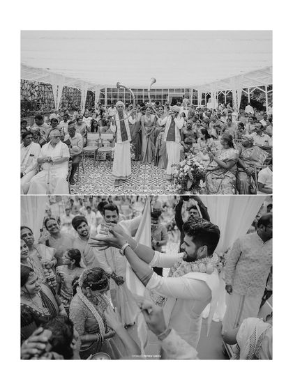 A black and white collage capturing the energy and joy of the wedding guests and the rituals.