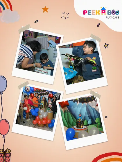 More snapshots from Aviraj's superhero party, showing him enjoying his gifts and posing with his family.