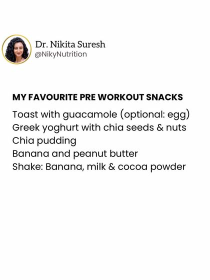 Here are my favorite pre-workout snacks. A combination of carbohydrates for energy and a little protein, like toast with guacamole or a banana with peanut butter, is ideal.