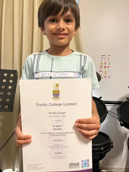 Congratulations to our own Archis for his success. He passed his Grade 1 Drums exam with Merit, and we couldn't be prouder of this young rockstar.