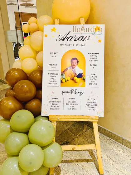 A personalized milestone board for a first birthday jungle party. It's a beautiful keepsake that shares fun facts about the birthday boy, Aarav.
