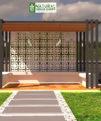 A proposed design for a pergola in Gorakhpur with a decorative jaali back panel and integrated bench seating.