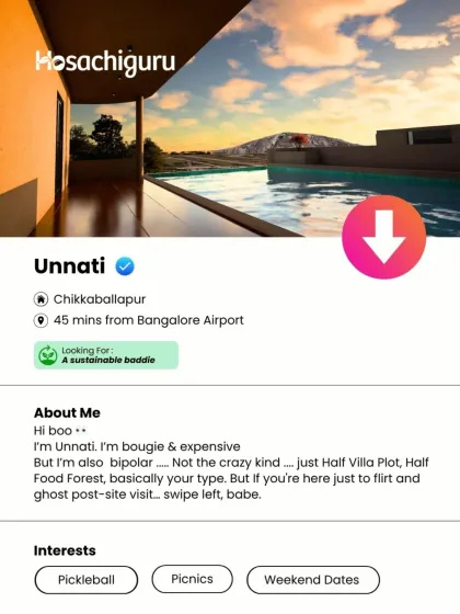 A witty, Tinder-style profile for our Unnati project, looking for a "sustainable baddie."