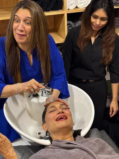 A fun, candid moment from our Davines launch event. Laughter, luxury, and a lot of hair magic were in the air.