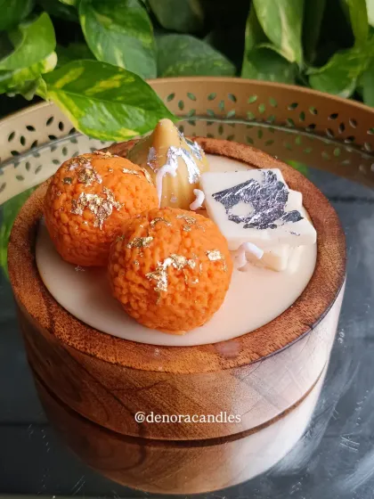 The Indian dessert platter candle on a decorative tray, showing how it can be used as a centerpiece.