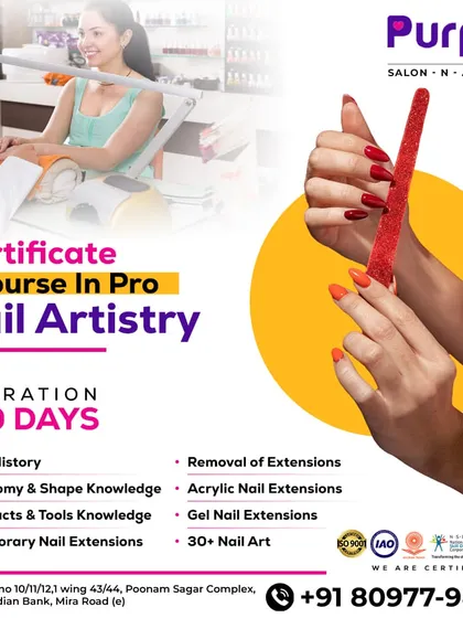 Turn your passion for nails into a profession with our 30-day Certificate Course in Pro Nail Artistry. We cover nail history, anatomy, product knowledge, and techniques for both acrylic and gel extensions, including over 30 types of nail art.