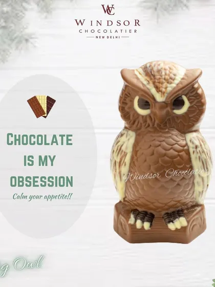 A wise choice for any chocolate lover, our big owl sculpture. This piece is intricately detailed with milk and white chocolate to create the owl's feathers and expressive eyes.