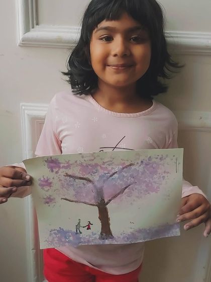 This young artist displays her dreamy cherry blossom scene, created with delicate colors and a lovely sense of atmosphere.