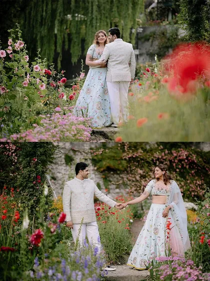 A collage from a destination engagement in a vibrant flower garden. These shots capture both the grand landscape and the sweet, romantic interactions between the couple.