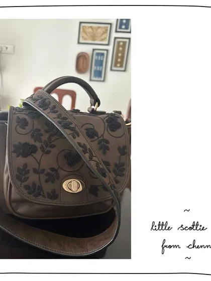 A stunning custom piece for our patron Kamala in Chennai. This Little Scottie bag features our Black Lace embroidery on Juniper leather, and she even opted for a matching embroidered wide sling handle for a complete, unique look.