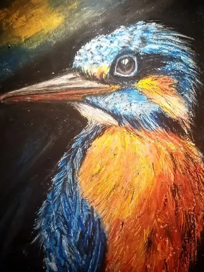 A duplicate of the colorful kingfisher portrait. The bold use of oil pastels on a black surface is a technique we teach for creating dramatic, high-contrast images.