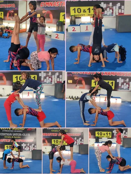 A collage of our students creating human pyramids and other acro stunts. These recreational activities are great for improving balance, coordination, and teamwork.