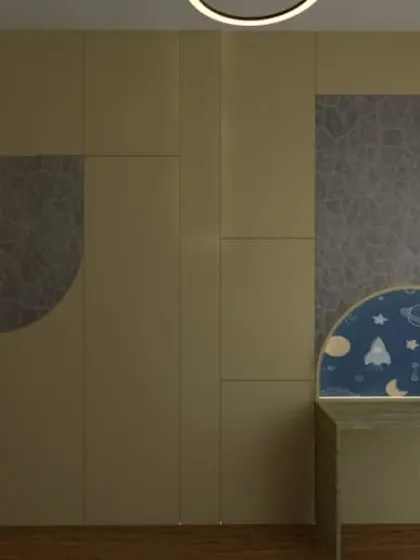 The study area in the space-themed room, continuing the playful geometric and celestial motifs.