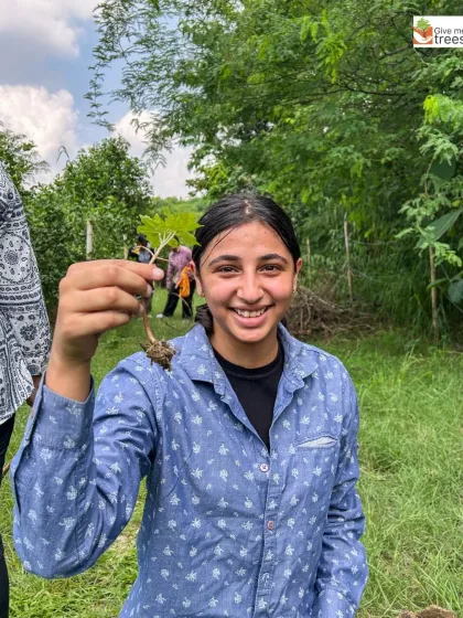 The smile of accomplishment. This student holds up a sapling she just planted, a simple act that fosters a powerful sense of responsibility and connection to the environment.