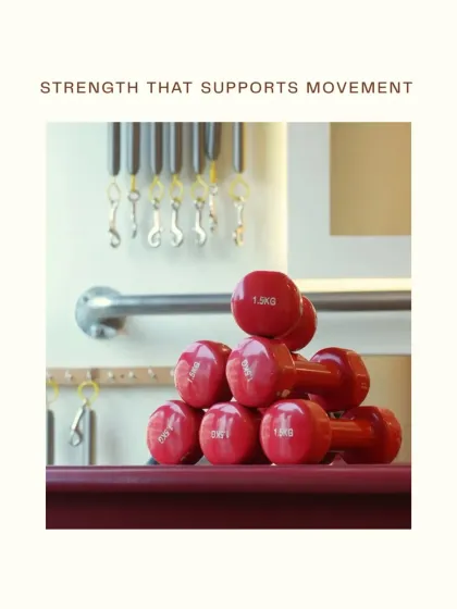 Strength that supports movement. This image shows a stack of dumbbells, one of the many props we use to add variety and challenge to our workouts.