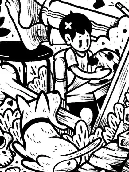This detail shows another character interacting with an animal, a small moment of connection and hope within the larger, more chaotic scene of the doodle art piece.