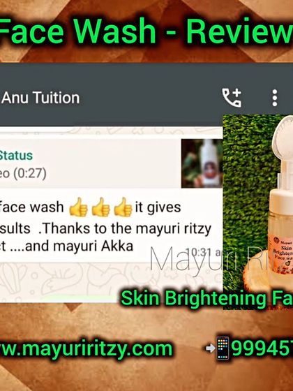 A lovely review for my Skin Brightening Face Wash. The customer calls it a "super face wash" with "nice results" and thanks me, calling me "Mayuri Akka". This personal connection is everything to me.