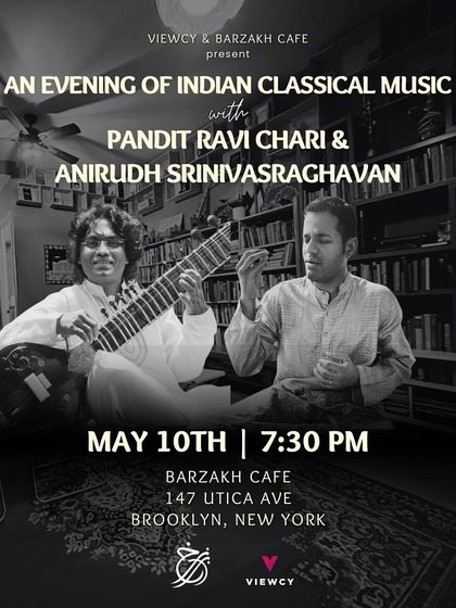 An invitation to an intimate evening of Indian classical music at Barzakh Cafe in Brooklyn, New York.