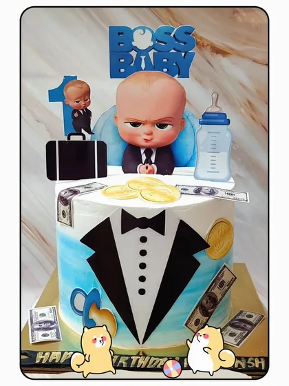 For your own little boss baby who runs the house! This cake is perfect for a first birthday, complete with a tuxedo design, edible money, and the boss himself on top.