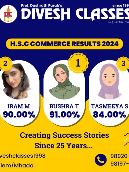 Creating success stories for 25 years. Our HSC Commerce results from 2024, featuring toppers like Bushra, Iram, and Tasmeeya, reflect our long-standing commitment to academic excellence in the commerce stream.