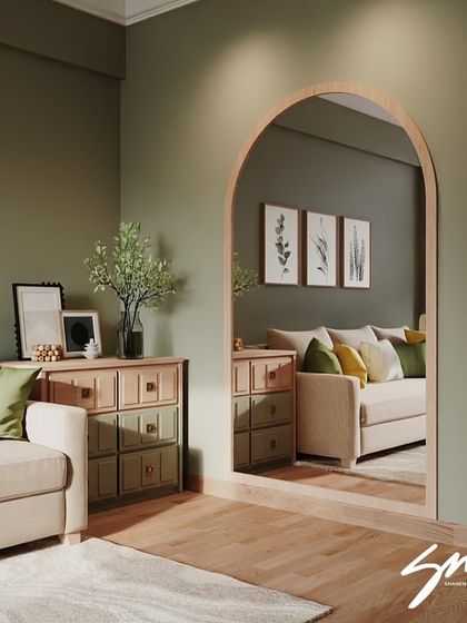 Here are some new project renders showing a living room with earthy green tones and natural wood. Renders help our clients visualize the space and make decisions before construction even begins.