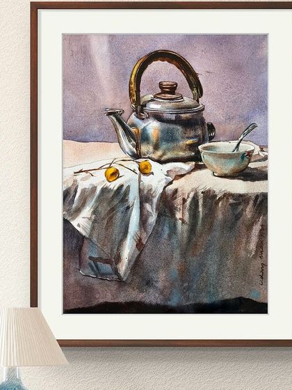 The teapot still life, presented in a digital frame to show how it would look as a piece of kitchen or dining room art.