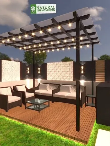 A proposed pergola design for a Sushant Lok project, featuring string lights and a modern, dark color scheme.