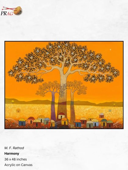 'Harmony' by M.F. Rathod, a stylized landscape where a large, flowering tree shelters a small village, symbolizing the harmony between nature and community.