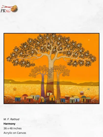 'Harmony' by M.F. Rathod, a stylized landscape where a large, flowering tree shelters a small village, symbolizing the harmony between nature and community.