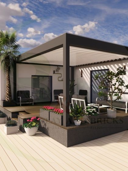 An angled 3D view of a raised deck with a modern pergola. This design showcases how a change in level can create a distinct and elevated zone for lounging or dining.